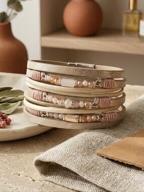 Vegan Leather Wrap Bracelet Champagne Multi Strand Beaded Magnetic Boho 7.5"